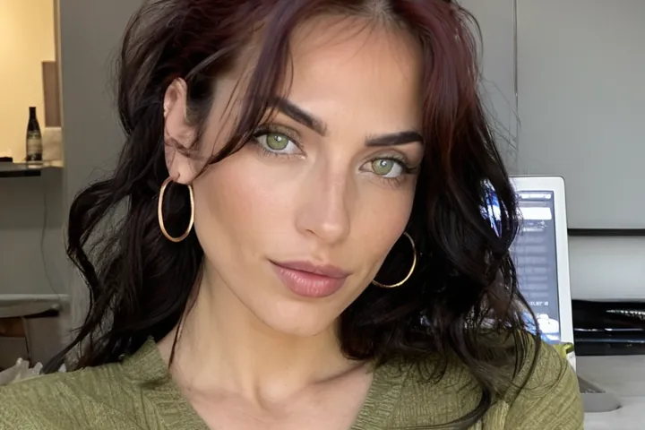 Woman with wavy auburn hair in a green V-neck sweater, decorative image