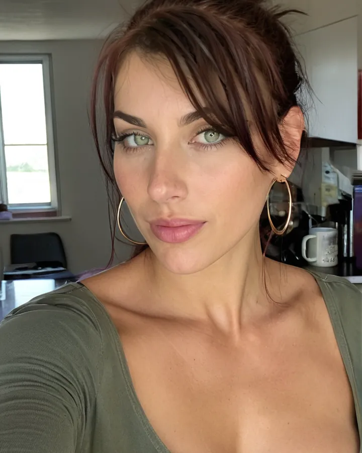 Close portrait of a woman with hoop earrings in an olive scoop-neck top, decorative image